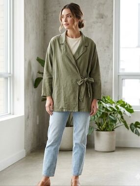 Lara G Linen Cotton Shirt Jacket Size L Made In Italy Olive Green